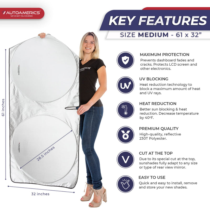 Autoamerics 1-Piece Windshield Sun Shade Standard Silver Foldable Car Front Window Sunshade for Most Cars SUV Truck - Heat Blocker Visor Protector Blocks Max UV Rays and Keeps Your Vehicle Cool Medium MEDIUM = 61 x 32 inches