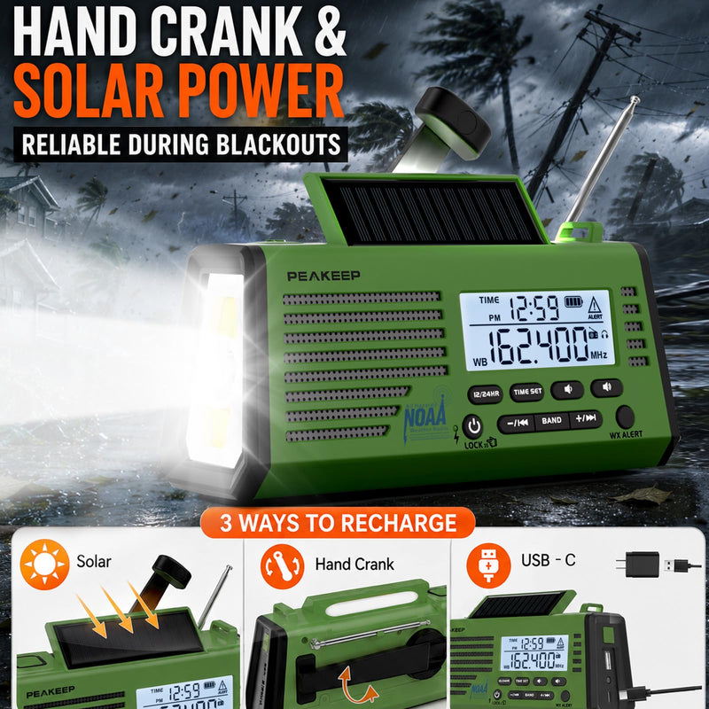 Peakeep Emergency Radio NOAA Weather Alert Battery Solar Crank Powered | AM FM SW Portable Radio , Rechargeable Battery 18500mWh, SOS Flashlight Lamp for Home Car Camping Storms Blackouts Prep Green with Black