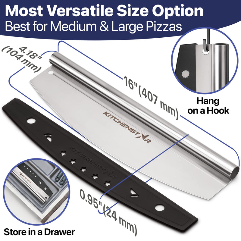 KitchenStar 16-Inch Pizza Cutter Rocker Blade - Sharp Stainless Steel Slicer Knife, Protective Cover, Dishwasher Safe, Large - Professional Pizza Oven Accessories 16 inch a) Silver