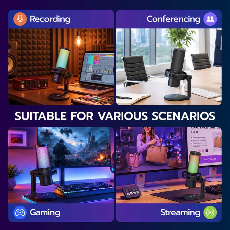 ARES WING USB Gaming Condenser Microphone with RGB Light, for Streaming | Cardioid Podcast Mic, Noise Reduction, Quick Mute, Shock Mount, Headphone Jack, Gain Knob for PC/Mac Discord Twitch YouTube
