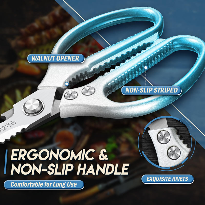 TIJERAS Kitchen Scissors Set Blue - Stainless Steel Kitchen Shear, Sharp Meat Scissors Dishwasher Safe, Heavy Duty Poultry Shears, Japanese Cooking Scissor for Food, Chicken Bones, and Turkey