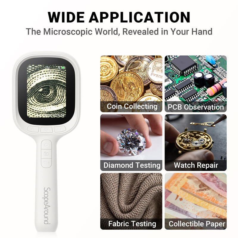 ScopeAround Digital Microscope, Autofocus Handheld Microscope, Magnifier with 2.8" IPS Screen and LEDs, Portable Magnifying Glass, 32 GB MicroSD Memory Card, Compatible with Mac/Windows