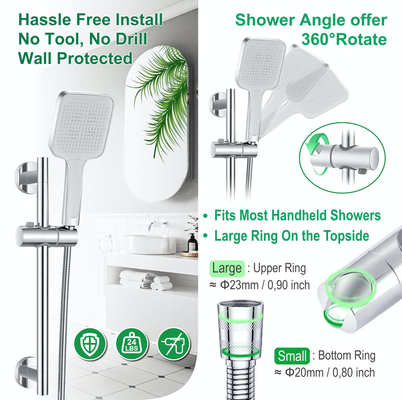 Upgraded 17.7 Inch Shower Slide Bar w/ Waterproof Suction Cup,SUS Metal Bar Heavy Duty, Removable & Adjustable Handheld Shower Head,Wall Mount Drill-Free Install No Tool,Bathroom Wall Protect Chrome Polish