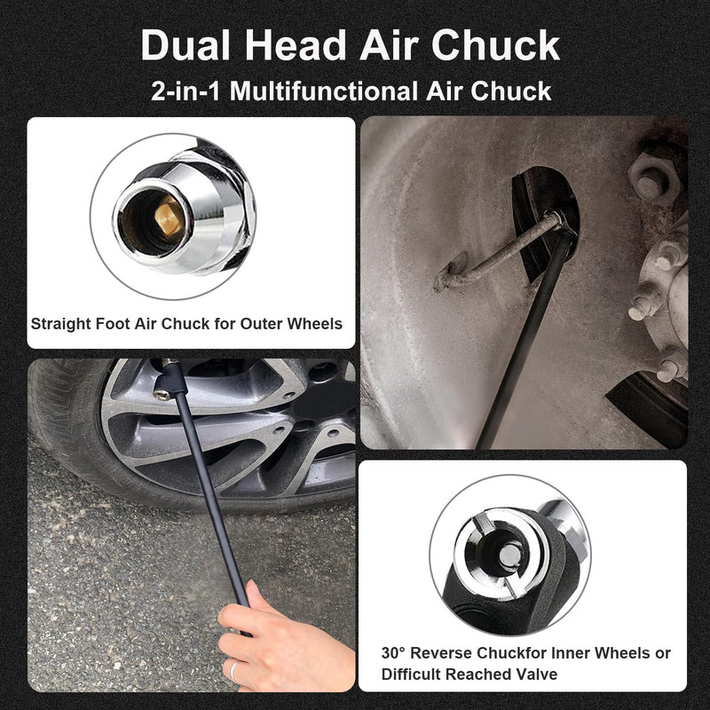 GODESON Air Chuck,12" Extended Reach Air Chucks for Tires，Heavy Duty Dual Head Air Chuck for Semi Tire Inflation,1/4" FNPT Straight Air Chuck for Truck RV Semi Dually Tires Black 12-inch