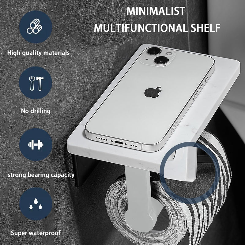 Toilet Paper Holder with White Marble Shelf, Without Drilling Stainless Steel Toilet Roll Holder for Wall, Modern Toilet Paper Holder for Kitchen Bathroom (Brushed) Brushed