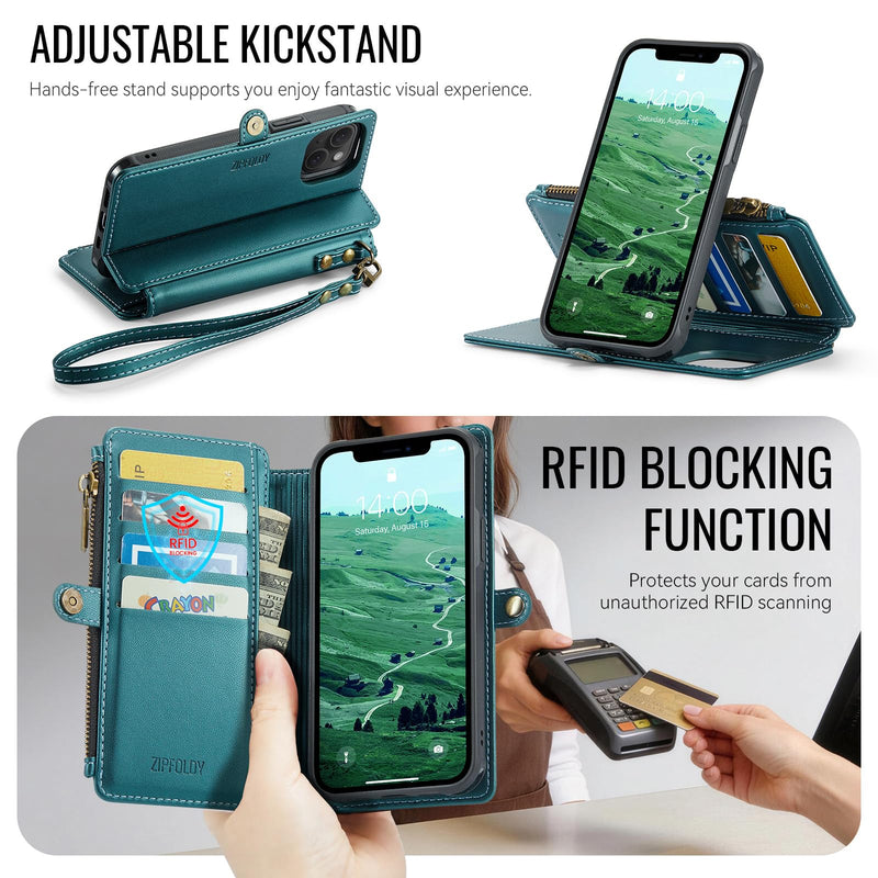 for iPhone 14 - Phone Case Wallet Magnetic Detachable, Turquoise | Compatible with Magsafe, RFID Blocking Card Holder, Zipper Pocket, Wristlet, Durable PU Leather, Magnet Flip, for Women Men