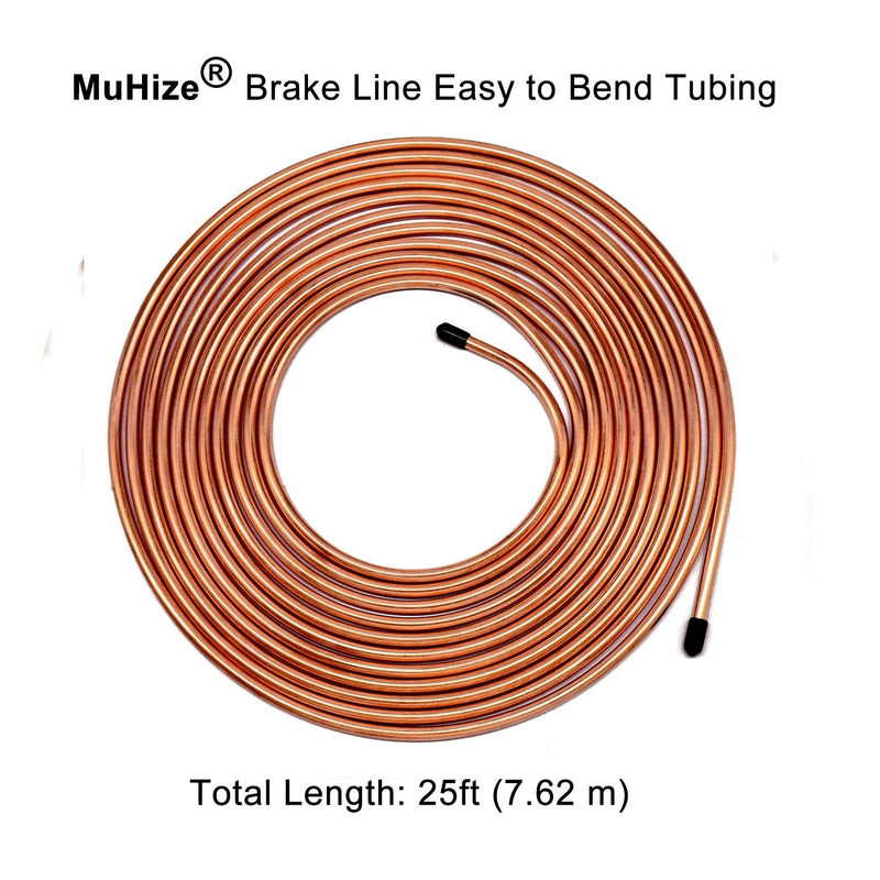 MuHize Upgraded Brake Line Tubing Kit - 25 Ft. of 3/16 Copper Coated Flexible Tube, Roll 25 ft 3/16" (Includes 16 Fittings) Gold