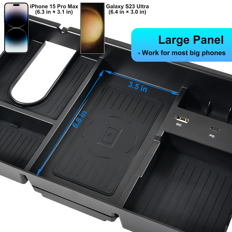 Wireless Charger for Toyota Tundra 2014-2021 Accessories | Center Console Organizer Tray, USB-A USB-C Fast Phone Charging Panel Pad, Armrest Storage Box for Tundra