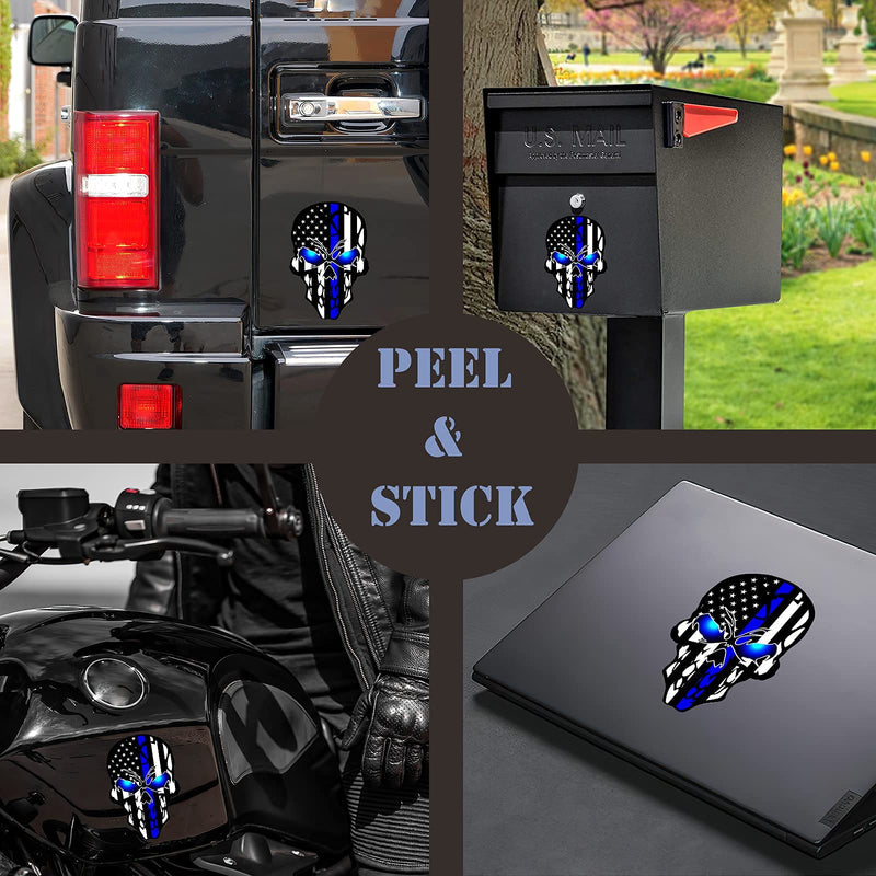 2 Pack Car Decals Stickers Skull Reflective US Flag with Thin Blue Line, Honoring Police Law Enforcement Vinyl Stickers Van Trucks Women Men Motorcycle Laptop Decals Skateboard Bike Bumper Window Thin Bule Skull