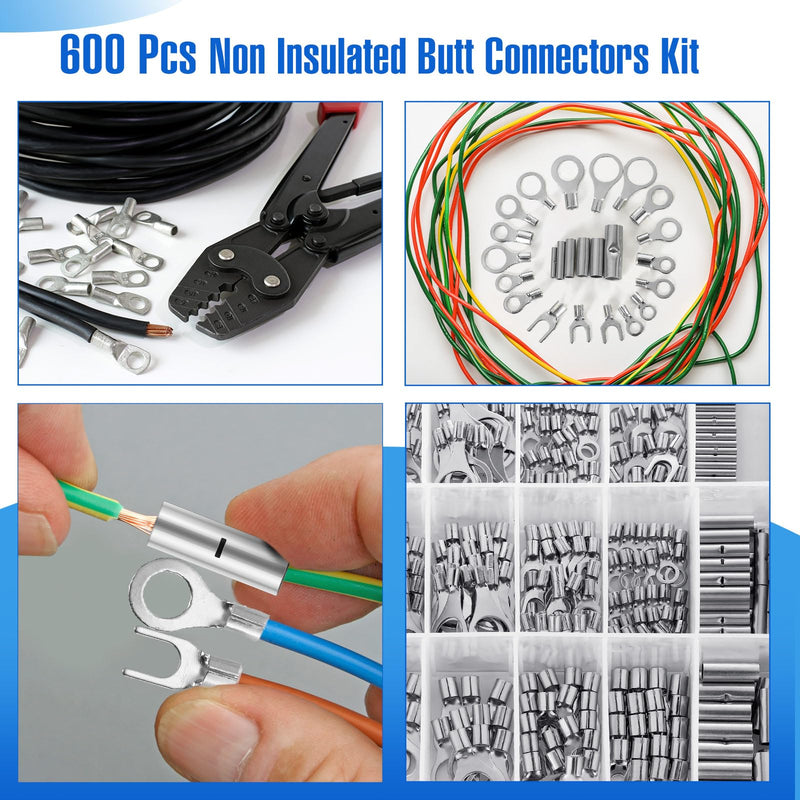 Tellegloww 600pcs Non Insulated Ring Terminal Kit Butt Fork Connectors Kit, AWG 22-10 Copper Connector Seamless Uninsulated Butt Splice Wire Terminals Assortment Electrical Wire Crimp Connectors 600