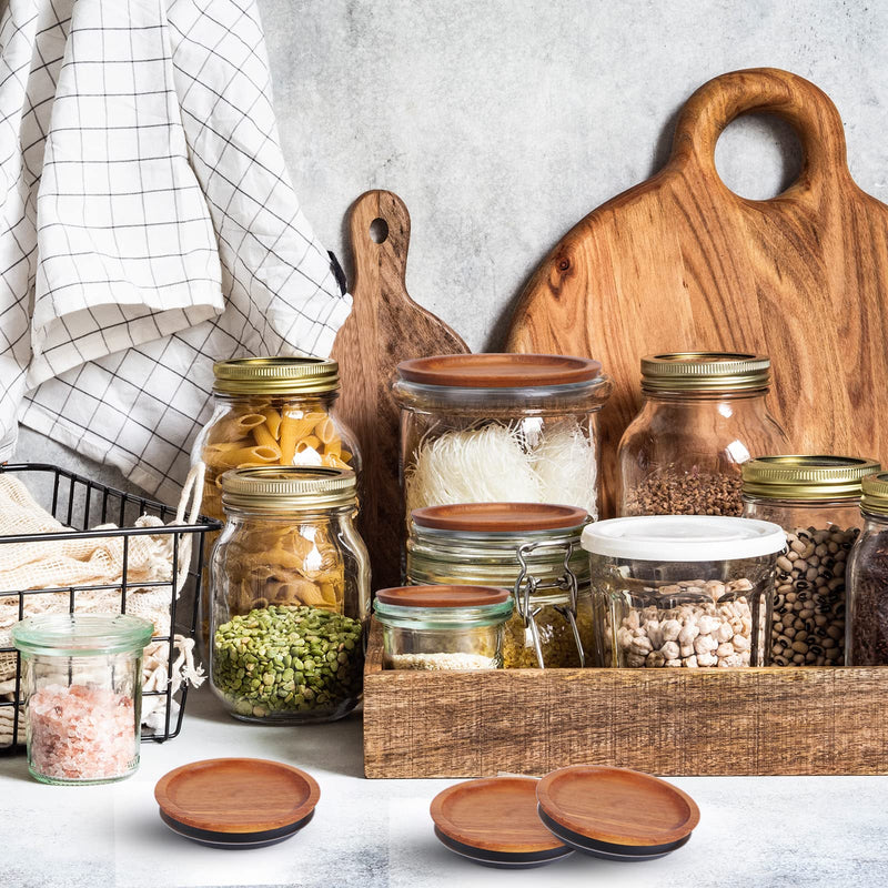 6Pack Regular Mouth and 6Pack Wide Mouth Mason Jar Lids Acacia Wooden Storage Canning Jar Lids Ball Jars Bamboo Wooden Lids with Airtight Silicone Seal, Brown 6Regular Lids+6Wide Lids