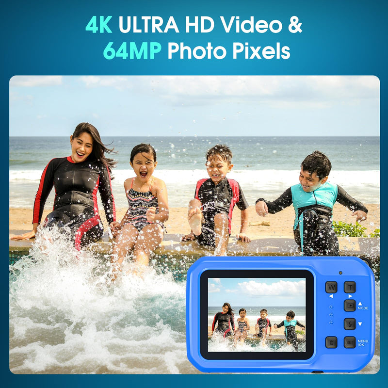 4K Underwater Camera, 64MP 16FT Compact Waterproof Camera with 16GB Card | Floatable Digital Camera, 16X Digital Zoom, Auto Focus, Fill Light, 650mAh Battery, Ideal for Travel, Surfing, Swimming Blue