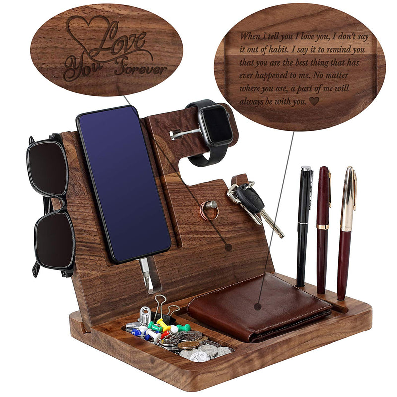 Wood Phone Docking Station for Men Personalized - for Him Husband Boyfriend Birthday - Wooden Organizer Nightstand Organizer For husband/boyfriend