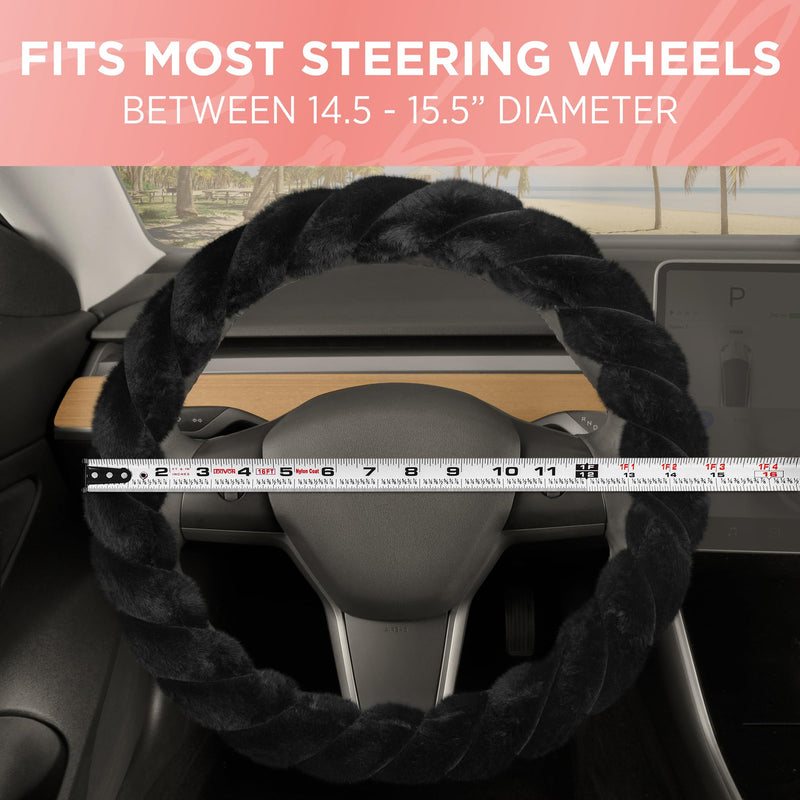 Carbella Twisted Fur Black Soft Steering Wheel Cover, Standard 15 Inch Size Fits Most Vehicles, Fuzzy Fluffy Car Steering Cover with Soft Faux Fur Touch, Car Accessories for Women 1-Twisted Fur Black