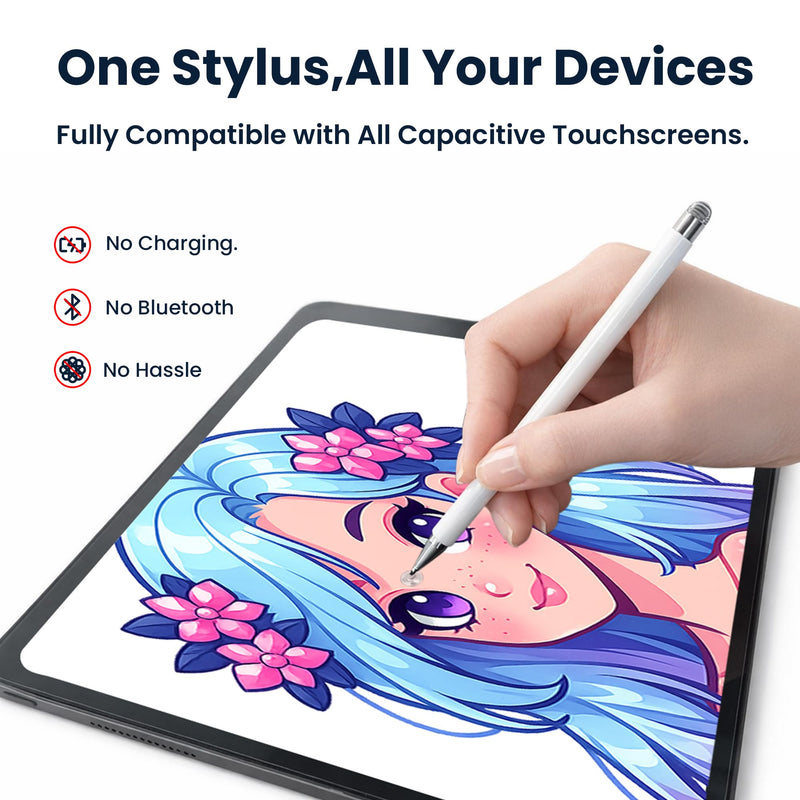 Stylus Pen with Adhesive Holder, Compatible with Skylight Calendar, 2-in-1 Dual Tip (Mesh & Disc) Stylus for Tablet & Smart Digital Calendar, No Charging, Always Attached, White