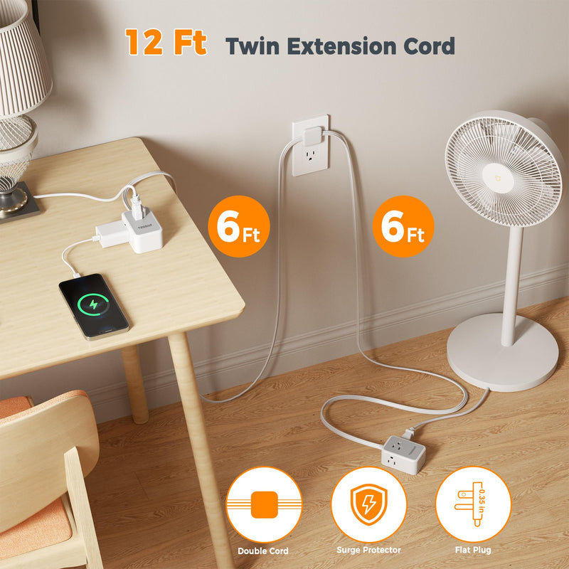 TESSAN Double Ended Flat Plug Power Strip, Twin Extension Cord 12 FT, 3 Non Blocking Outlets 6ft Power Splitter on Each Side, Dual Split Surge Protector Outlet Extension for Home Office Dorm Room Gray 6 FT (Double Ended)
