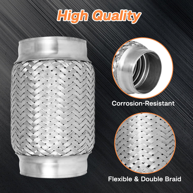Exhaust Flex Pipe, 3" Double Braid Stainless Steel Flexible Pipe, Heavy Duty Exhaust Flexible Tube Overall Length 5.9"/150mm, 2PCS 3''