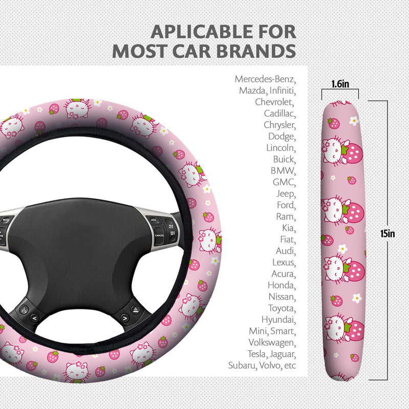 Kitty Accessories Car, Strawberry Pink Cat Wheel Cover, Y2K Car Accessories, Girly Steering Wheel Cover, Universal Fit 14.5-15 inch Auto SUV Vans Trucks, Anti-Slip and Sweat Absorption