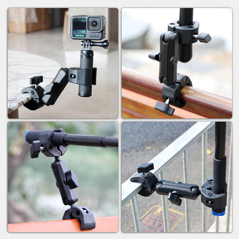 Double Super Clamp Camera Mount with Magic Arm for Chair/Photography Reflector/Light/Pole, Umbrella Clamp with 360° Rotation Double Ball Head Adapter for Golf Push Carts/Strollers/Wagons