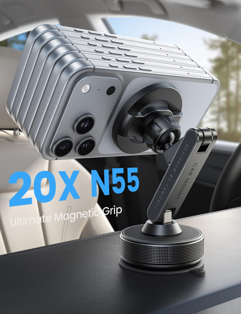 Lamicall Car Phone Holder Mount Ultra Nano Gel & 70+LBS Vacuum Suction Cup | 20X Strong Magnets 360° Phone Holders for Your Car Dashboard Windshield Car Mount for iPhone 17 16 15 Pro Max S26 S25 Black