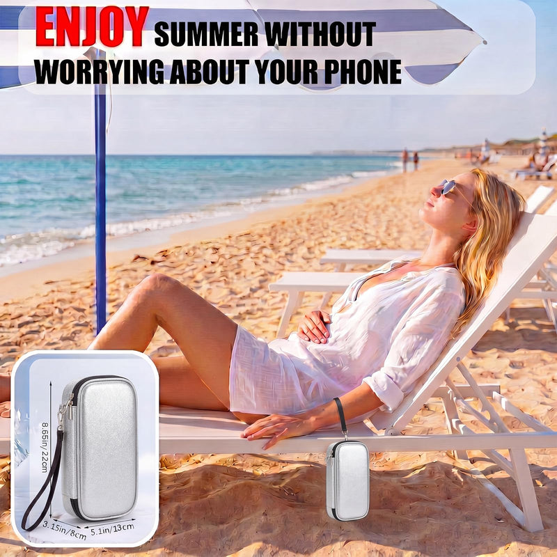 Phone Cooler Bag for Beach, Portable Phone Cooling Pouch with 2 Reusable Ice Packs, Keeps Cool in Extreme Heat for Car Pool Hiking, Extends Battery Life, Fits All Smartphones(Silver,PU) Silver Polyurethane (PU)