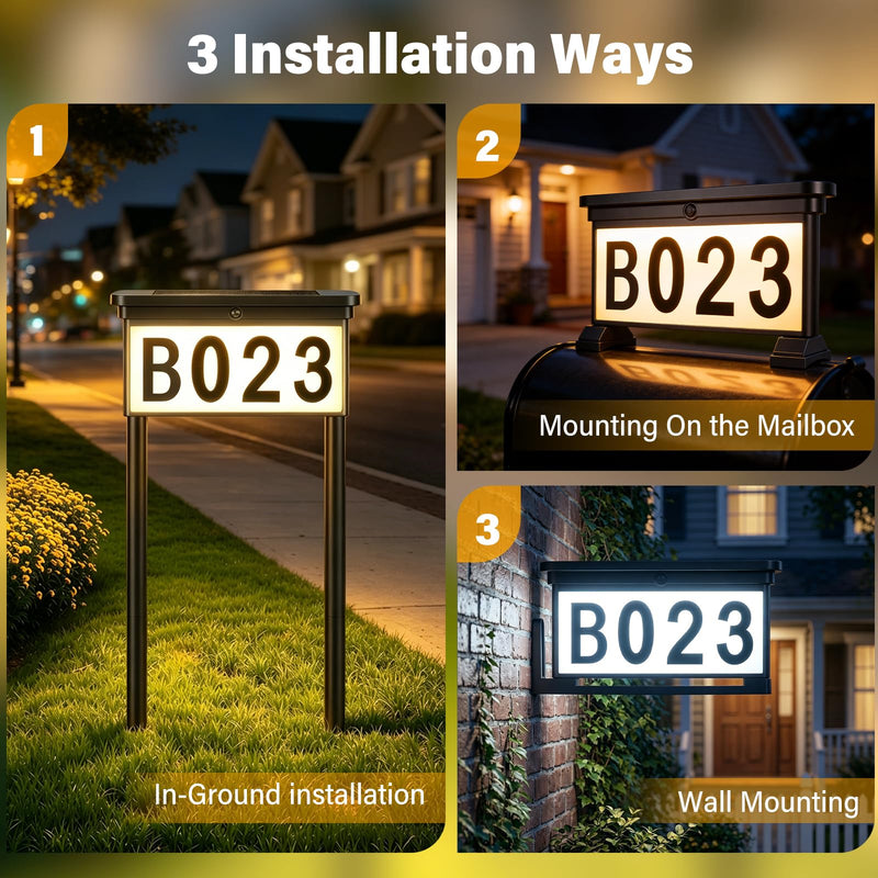Solar Address Sign for Yard, Double-Sided Lighted House Numbers with 3 Color Modes, 3-in-1 Mounting (Stake、Wall or Mailbox), Waterproof LED Address Plaque, 4 Sets Numbers & Letters, 1 Pack