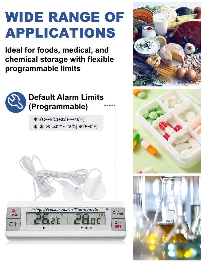 Digital Refrigerator Thermometer 2 Channel Freezer Thermometer with Alarm Sound Reminder Thermometer Fridge with Max/Min Temperature Record Freezer Alarm with Magnetic Back for Home Kitchen Refrigerator Universal Version