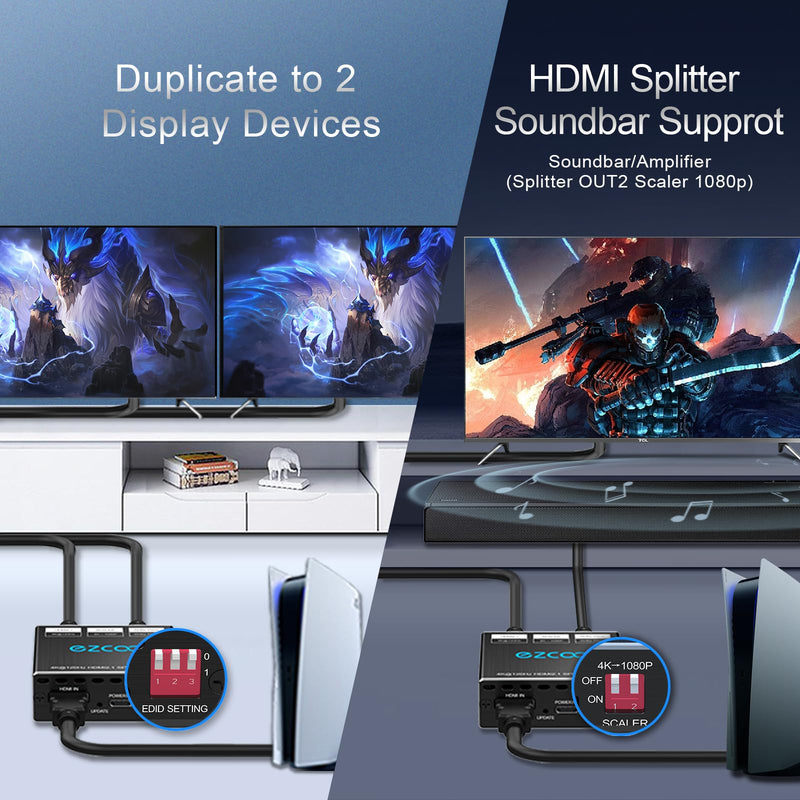 HDMI 2.1 Splitter 4K 120Hz 8K 60Hz 1 in2 out VRR ALLM HDCP2.3 HDR10 8KUHD Dolby Vision Atmos Scaler 4K EDID 1080P Dual Monitors HDMI 2.1 Splitter 1X2 for PS5 SkyQ Xbox NVIDIA AMD