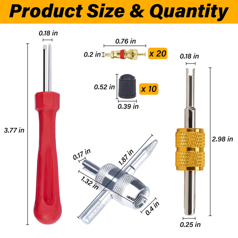 2 PCS Tire Valve Stem Removal Tool with 20 PCS Valve Cores, 10 PCS Tire Valves Caps, 1 PCS 4-Way Valves Tool, Car Accessories Tires Repair Tools Universal for All Cars (33 PCS)