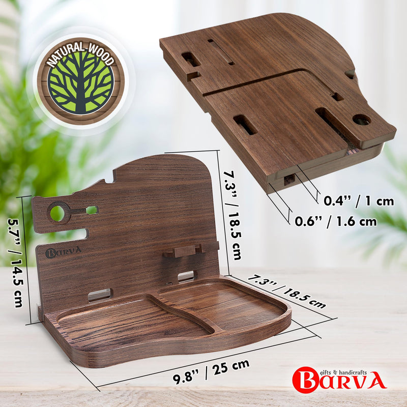 BarvA Wood Docking Station | Phone Stand & Desk Organizer | Night Stand Charging Station & Phone Holder | Compact Nightstand Organizer for Men's Accessories | Ideal Gifts for Men Dark Walnut