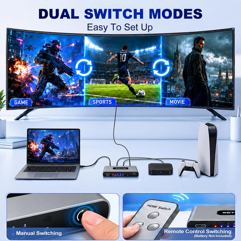 HDMI Switch 3 in 1 Out 4K@60Hz, HDMI Splitter Switcher with Remote& Charger | Low-Latency VRR, Aluminum HDMI Box Hub Supports Dolby, 3D, HDR, HDCP 2.2 CEC, Compatible with PS5, Xbox, Switch, TV,Projector