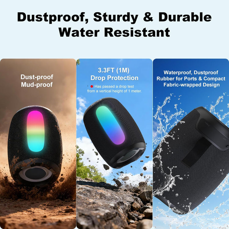 Portable Bluetooth Speaker, School Supplies: Powerful Stereo Sound, 36H Playtime/IPX5 Waterproof/8 Light Modes/Wireless BT5.3/TWS Pairing, for Outdoor/Beach/Camping/Travel/Party/Home, Birthday Gifts Black