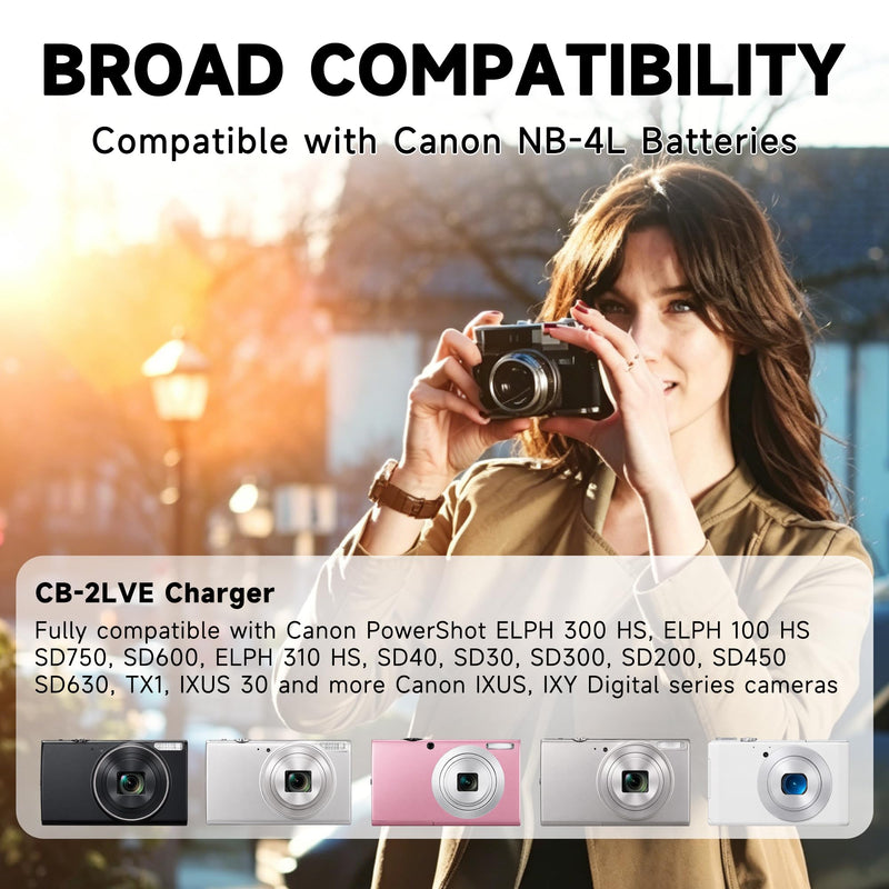 CB-2LV CB-2LVE Battery Charger Compatible with Canon NB-4L, Fits PowerShot ELPH 300 HS, ELPH 100 HS, SD750, SD600, ELPH 310 HS, SD40, SD30, SD300, SD200, SD450, SD630, TX1, IXUS 30 Cameras