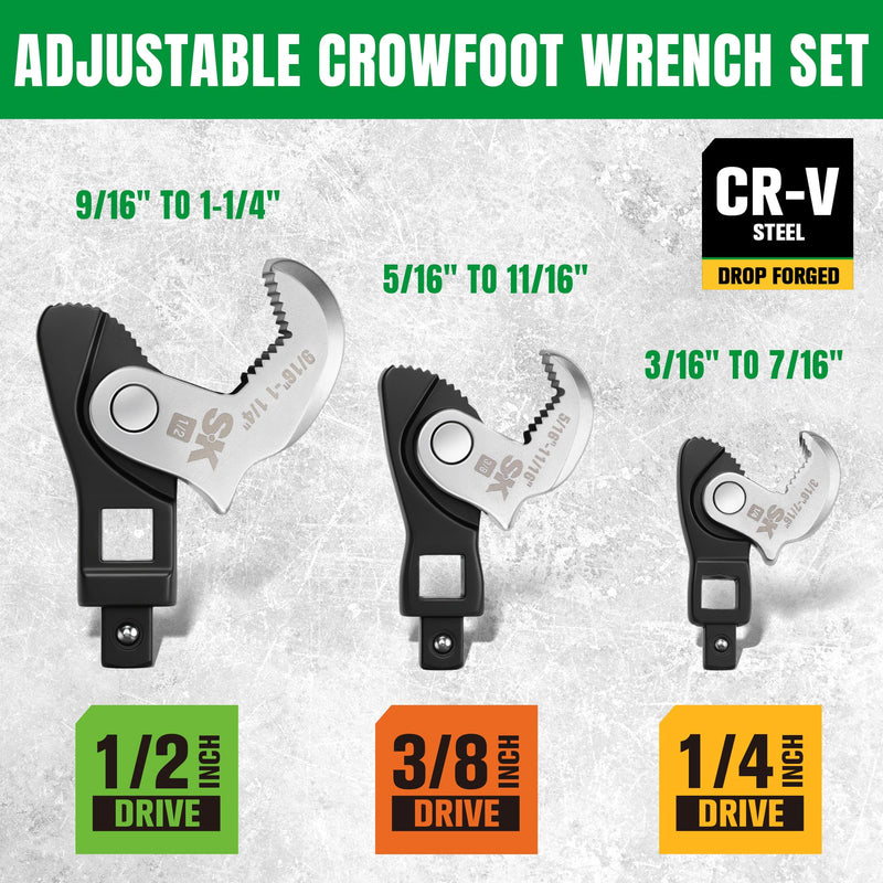 SK 3-Piece Adjustable Crowfoot Wrench Set, 1/4" & 3/8" & 1/2" Drive, Dual-Drive Ends Design, Spring Loaded Jaw with Serrated Teeth, 3/16" to 1-1/4", Premium CR-V Construction