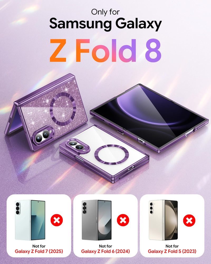 Meifigno for Samsung Galaxy Z Fold 8 Case Compatible with MagSafe, Violet | Raised Camera Protection, Rugged Hinge Protection, Metallic Glossy Plated Edge & Crystal Clear Back, Detachable Glitter Card Cobalt Violet