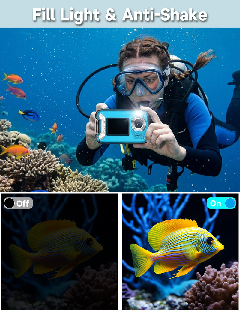 5K Waterproof Camera, 96MP 33FT Underwater Camera with Dual Screens, Autofocus Digital Camera for Snorkeling, Scuba Diving, Surfing & Travel Blue