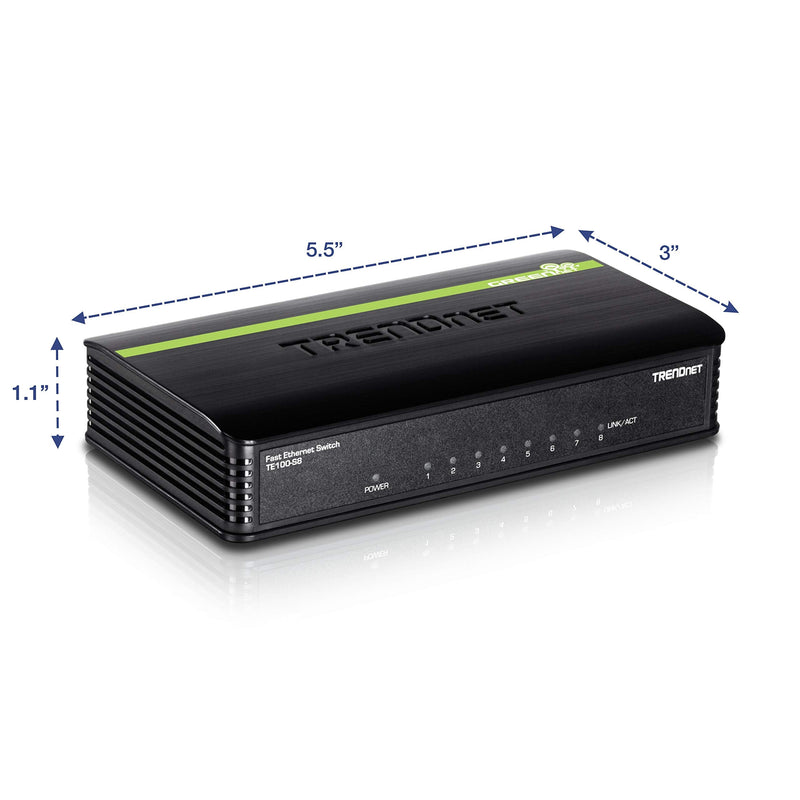 TRENDnet 8-Port Unmanaged 10/100 Mbps GREENnet Ethernet Desktop Switch, TE100-S8, 8 x 10/100 Mbps Ethernet Ports, 1.6 Gbps Switching Capacity, Plastic Housing, Network Ethernet Switch, Plug & Play Black Fast Ethernet