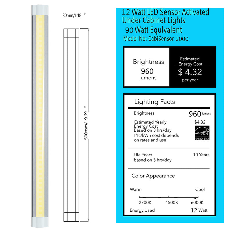 Under Cabinet Lighting LED 20In Kitchen Under Counter Light Fixtures Dimmable with Manual Sensor Control,Desk,Over Sink,Tool Box Hutch Light Bar Plug in,3000K Warm White,Sliver White,1pcs