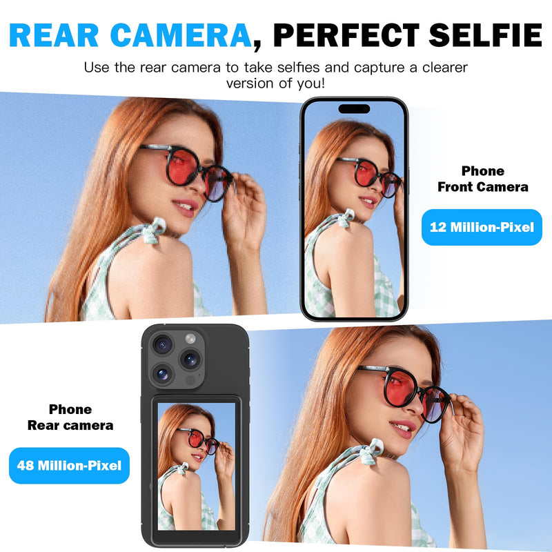 Back Camera Monitor iPhone,Newest Magnetic Phone Vlog Selfie Monitor Screen for Content Creator,Influencer and TikTok,Live Streaming,Compatible with iPhone & Android, Black