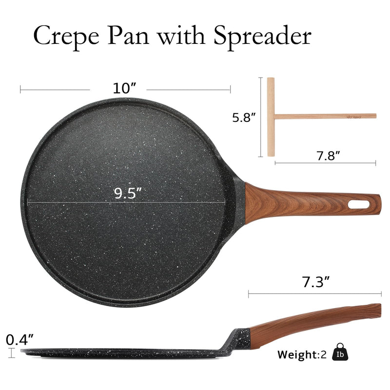 ESLITE LIFE 9.5 Inch Crepe Pan with Spreader, Nonstick Granite Coating Dosa Pan, Roti Tawa Comal Para Tortillas Pancake Griddle Pan, Induction Compatible, PTFE & PFOA Free, Black 9.5" w/spreader