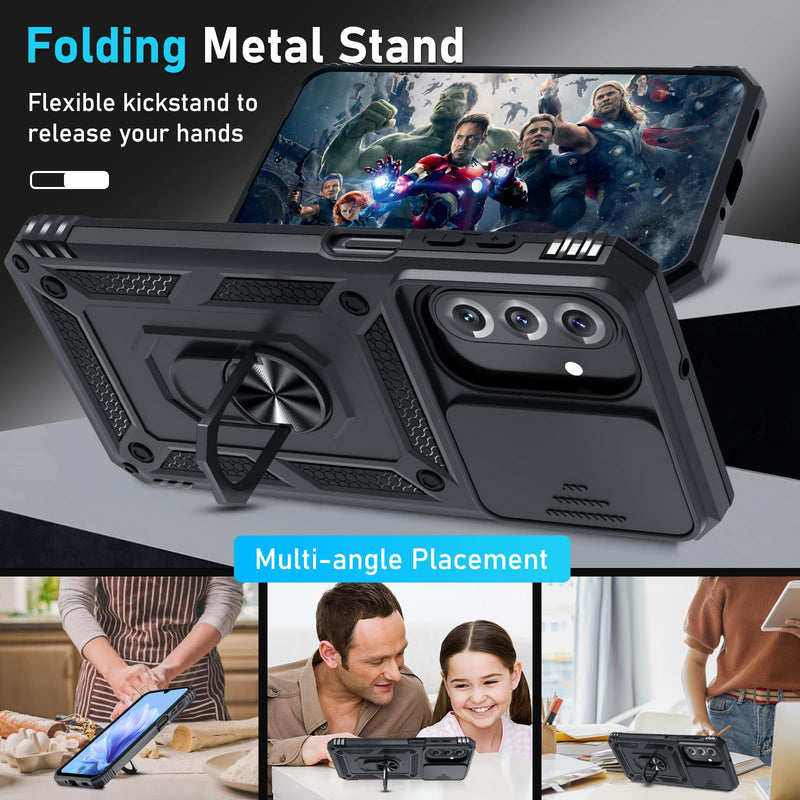 Janmitta for Samsung Galaxy A27 Case Built in Slide Camera Cover,Black | with Tempered Glass Screen Protector+Finger Ring Holder Kickstand,Heavy Duty Shockproof Full Body Phone Cover Black