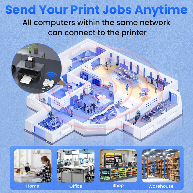 Wireless Print Server for Sharing 3 USB Printers Over Local Network, Easy Setup, Supports Image and Text Printing, Compatible with All RAW and IPP-Supported Printers LK300W. 3 USB Port