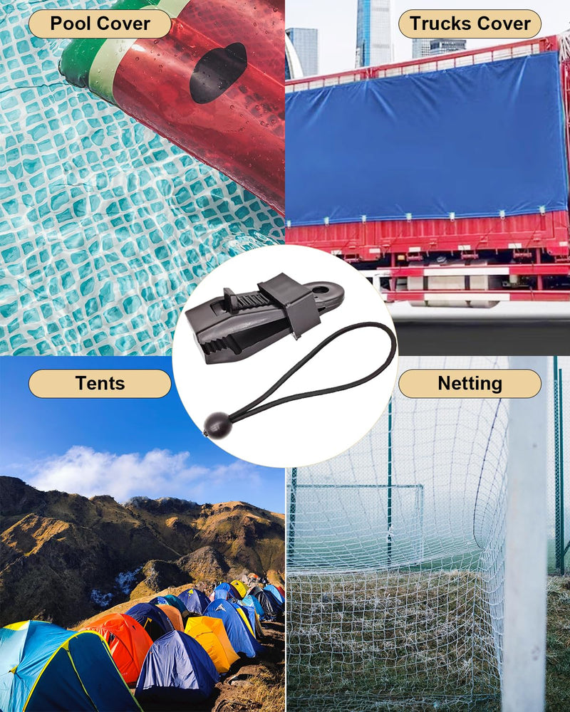 Tarp Clips Lock Grip, 40 Pack Tarp Clamps Heavy Duty and Ball Bungee Cords Set, Tent Clips with 6 Inch Bungie Cord Balls for Awnings Camping, Patio Umbrellas, Pool Awning Cover 40pcs Black