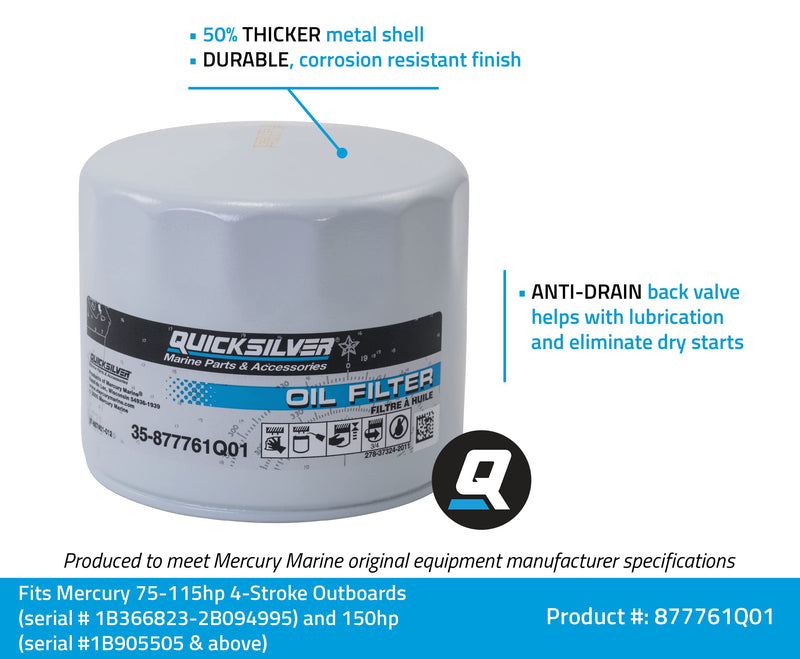 Quicksilver 877761Q01 Oil Filter for Select Mercury and Mariner 75-115hp Outboards and 150hp EFI 4-Stroke Outboards 75-115HP 1.7L & 150HP