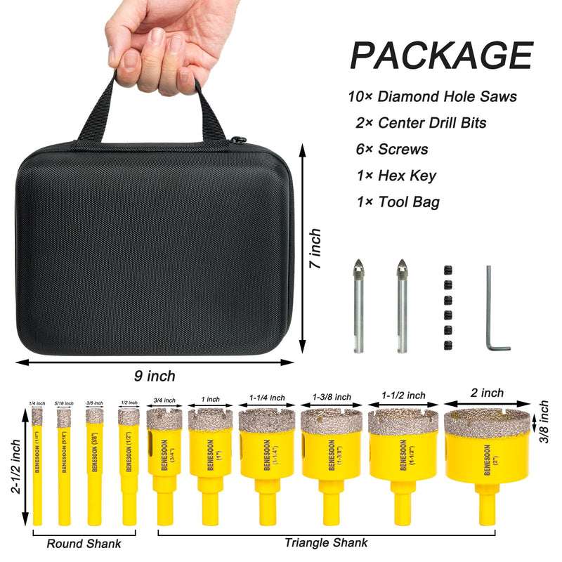 10PCS Diamond Hole Saw Kit with Pilot Bits for Tile Ceramic Glass | Tile Hole Cutter Set with Portable Carrying Case ,Precise Positioning, Fits Porcelain Granite Marble Quartz Stone ,Yellow Yellow
