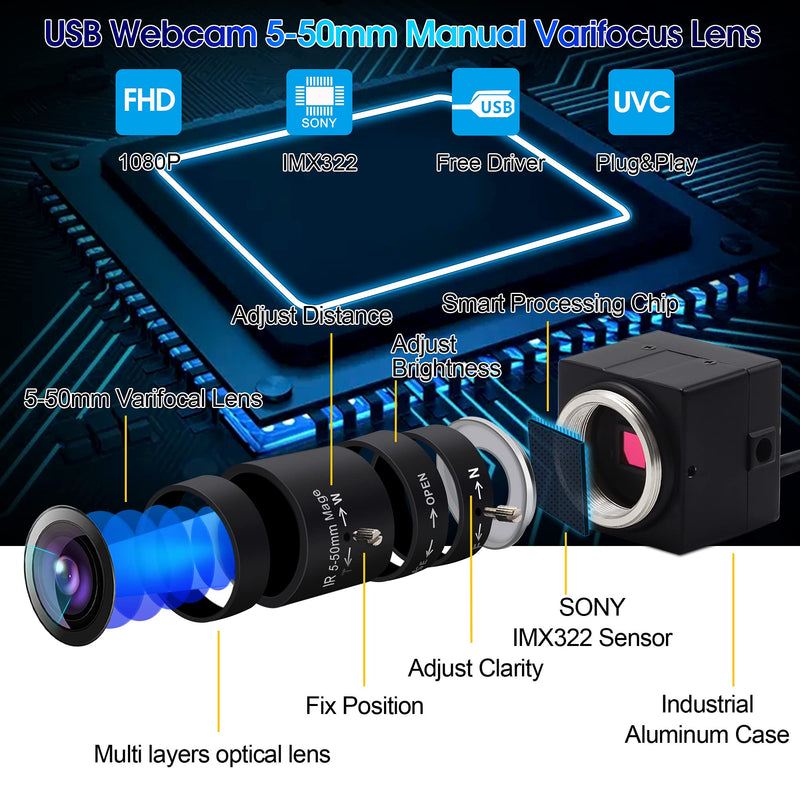 ELP 5-50mm Varifocal Lens 1080P USB Camera with H.264 High Definition Sony IMX323 Webcam for Android Linux Windows Industrial Video