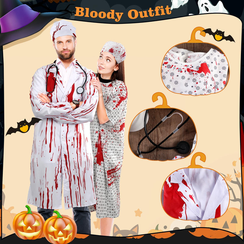 Skicuff Halloween Unisex Hospital Gown - Bloody Pattern Printed Doctor and Patient Gown Costumes 2026 with Blood Gauze Roll Halloween Couples Costume Set for Scary Cosplay Party Men Women Costume