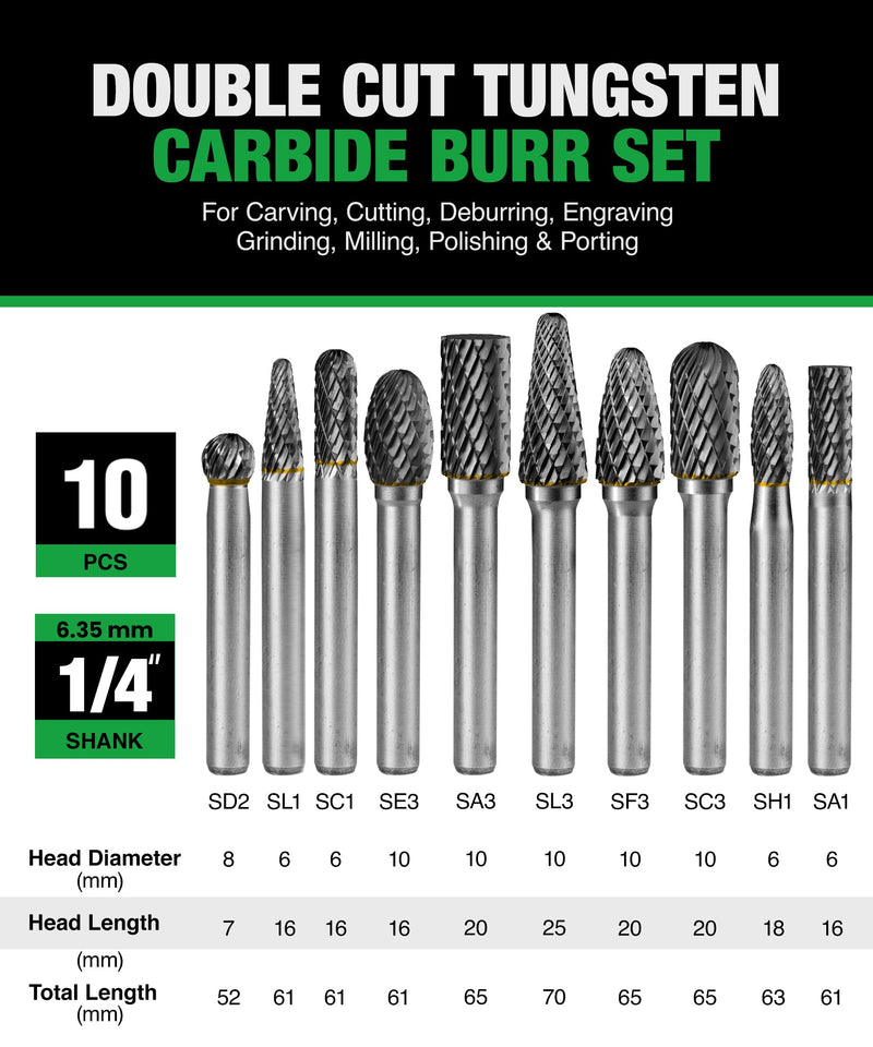 10Pcs Carbide Burr Set 1/4 Shank w/Clear Box Head Dia 8mm Die Grinder Bits Rotary Tools Attachment Kit Rasp File Accessories Metal Wood Stone Steel Grinding Deburring Cutting Porting Carving 10 pcs