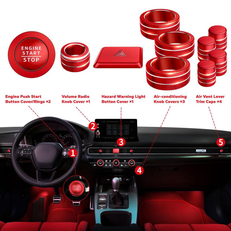 for Honda Civic 2022-2026 Accessories, CRV 2023-2026 & Acura Ingetra 2023-2025 (Fit 9" Screen/ 1 Audio Knob), 11pcs Knob Cover Kit - Hazard Light, Push Start, Audio, AC & Air Vent (Red) Red 9-inch screen