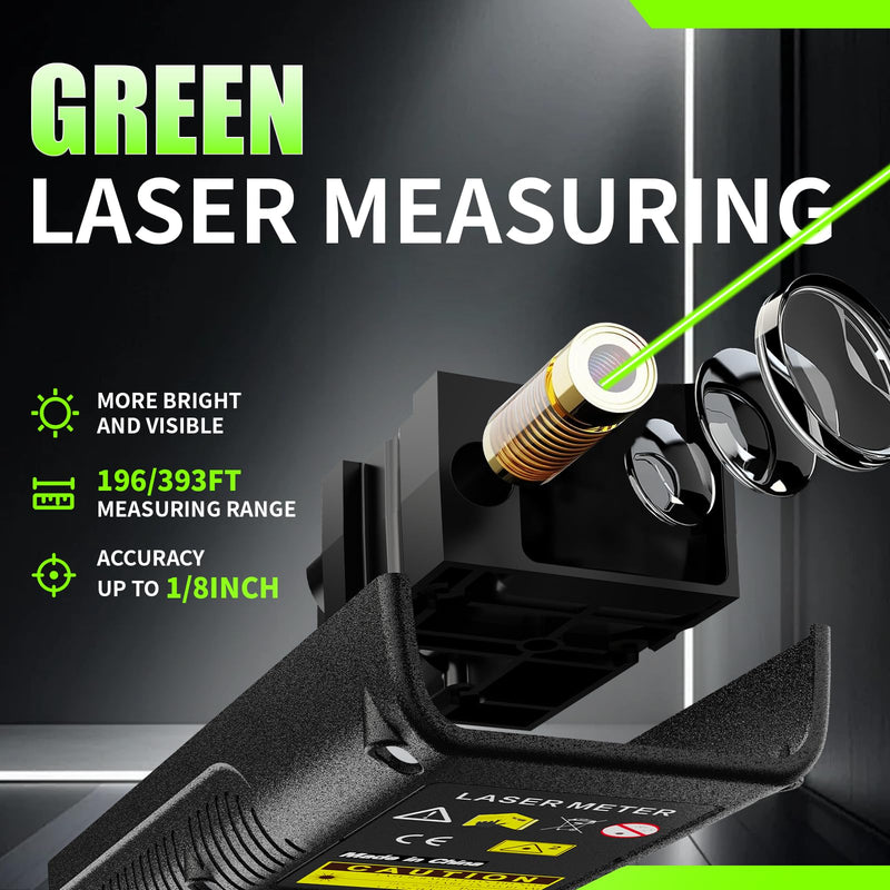 Mini Green Laser Distance Meter 262Ft – Rechargeable Digital Measuring Tool with USB Type-C, Area/Volume Modes, Max/Min, ±3mm Accuracy, Pocket-Sized Compact Design 393FT Laser Meter
